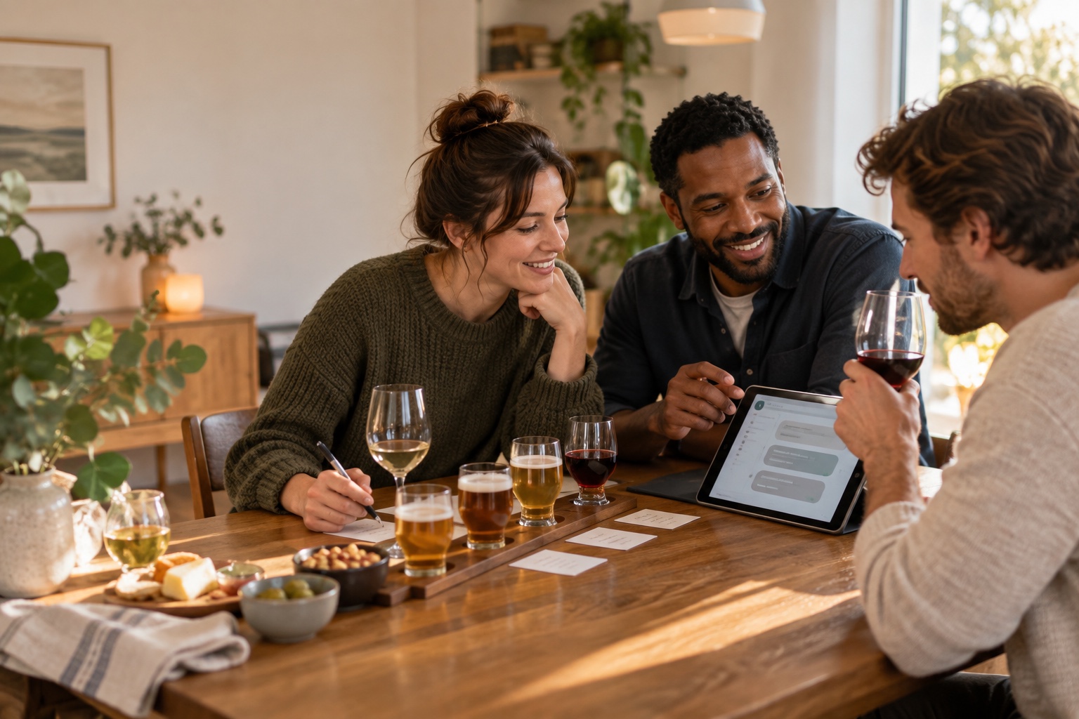 Three friends planning a tasting together around a table with tasting glasses and a conversational assistant on a tablet.
